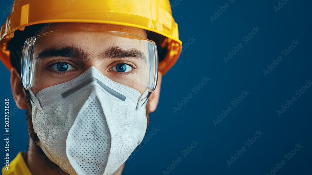 Protective Worker in Yellow Hazmat Suit with Face Mask and Safety Goggles Against Blue Background
Protective Worker in Yellow Hazmat Suit with Face Mask and Safety Goggles Against Blue Background