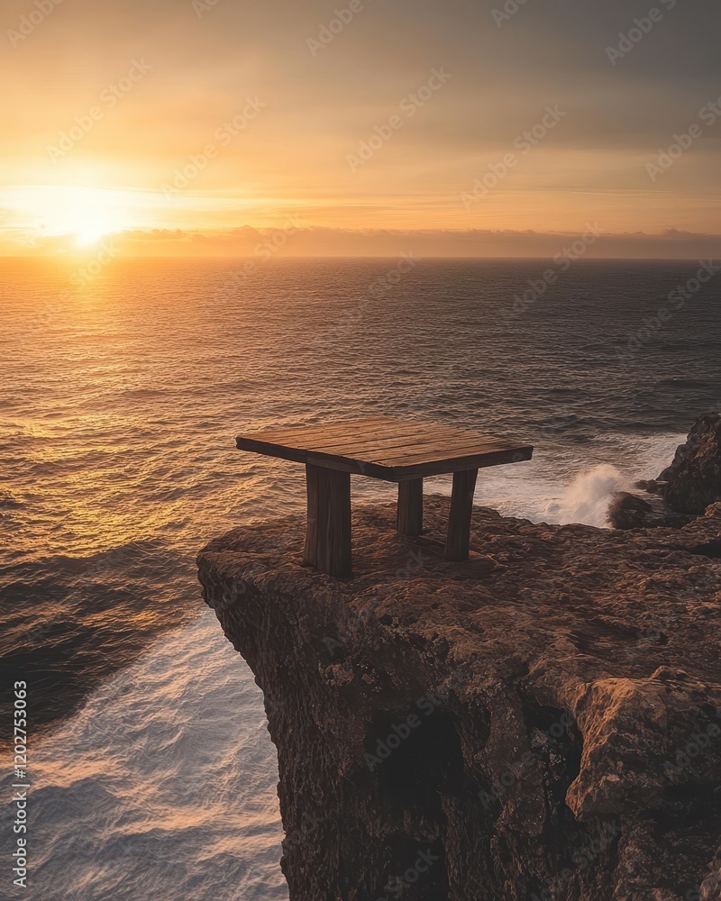 Solitary Wooden Table on Cliff Edge at Sunset Overlooking the Ocean. Solitary Wooden Table on Cliff Edge at Sunset Overlooking the Ocean.