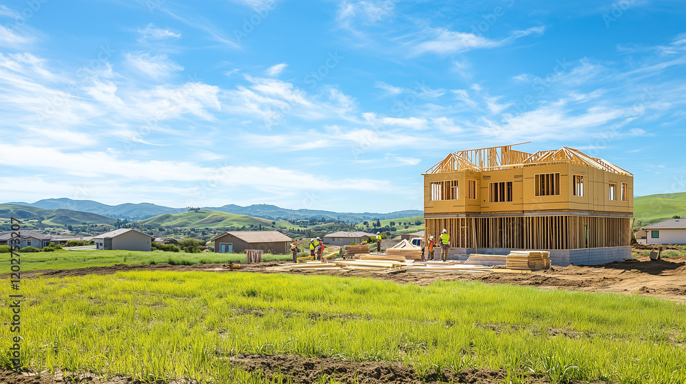 Obraz premium onstruction site with workers building a new home,