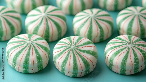Green and white striped candies arranged on a teal surface