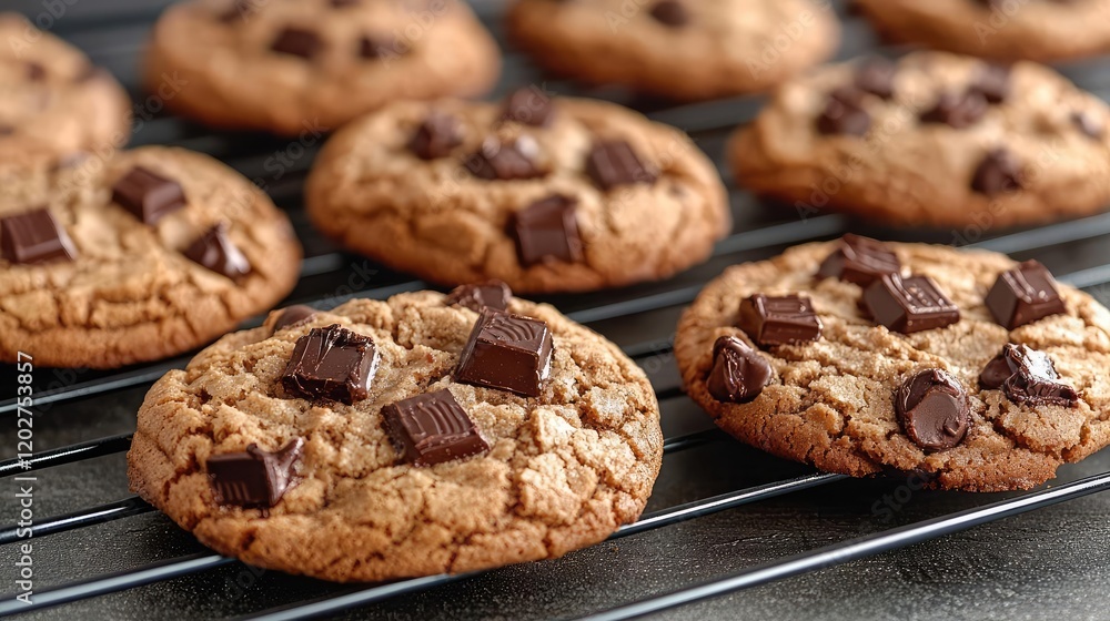 Delicious chocolate chunk cookies cooling on rack Delicious chocolate chunk cookies cooling on rack