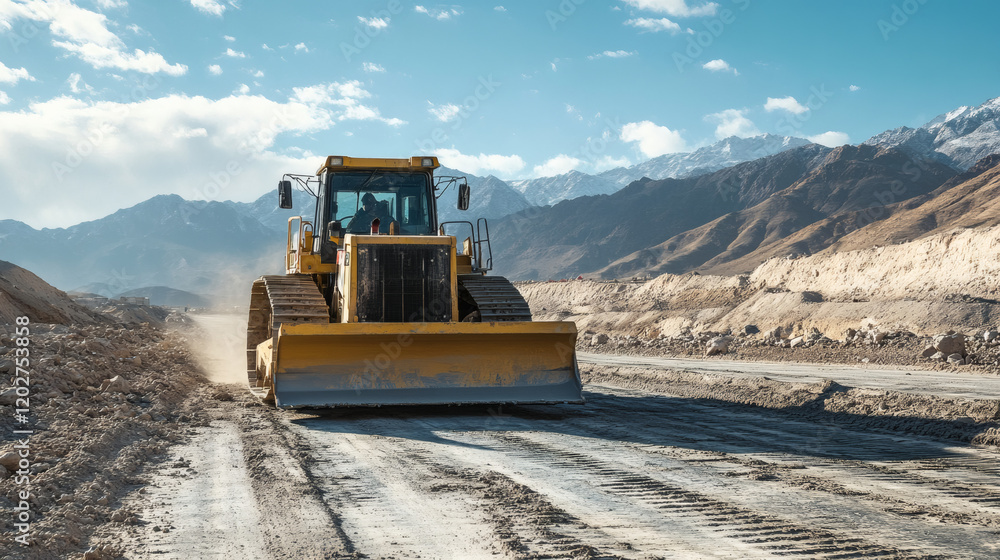 Heavy machinery operating on construction site with bright blue sky and rugged mountains Heavy machinery operating on construction site with bright blue sky and rugged mountains