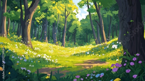 Sunlit forest path with wildflowers, lush green trees, and dappled sunlight creating a magical, peaceful scene.