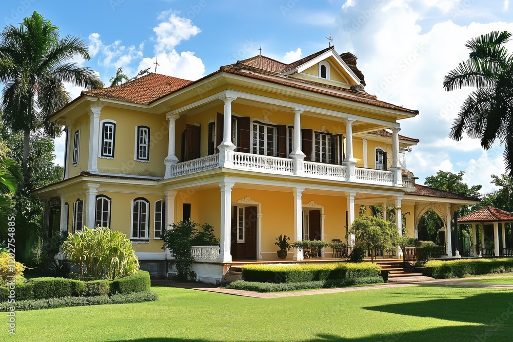 A beautiful yellow colonial-style mansion with white columns, surrounded by lush greenery and palm trees. The house features large windows and a well-maintained lawn. A beautiful yellow colonial-style mansion with white columns, surrounded by lush greenery and palm trees. The house features large windows and a well-maintained lawn.