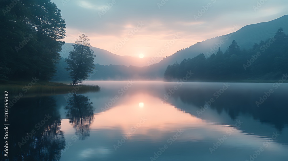 Fototapeta premium Sunrise lake mist, tree reflection, mountain backdrop, serene landscape