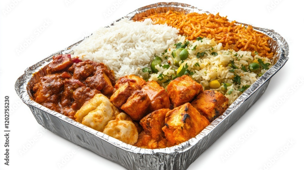 A foil food box filled with a variety of savory takeaway dishes such as curry, rice, and naan, sealed tightly. A foil food box filled with a variety of savory takeaway dishes such as curry, rice, and naan, sealed tightly.