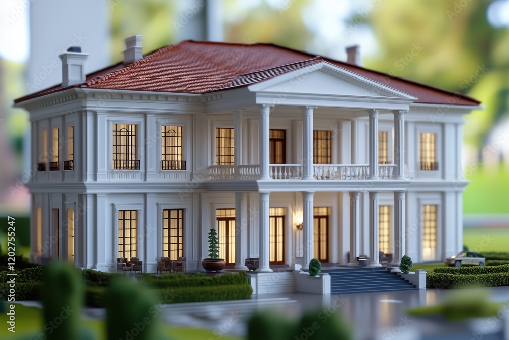 A detailed architectural model of a classic Colonial house style mansion with white walls, large windows, and a red-tiled roof. The model features a front staircase, potted plants. A detailed architectural model of a classic Colonial house style mansion with white walls, large windows, and a red-tiled roof. The model features a front staircase, potted plants.