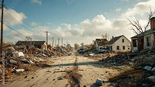 Devastated Street Scene After a Tornado Disaster