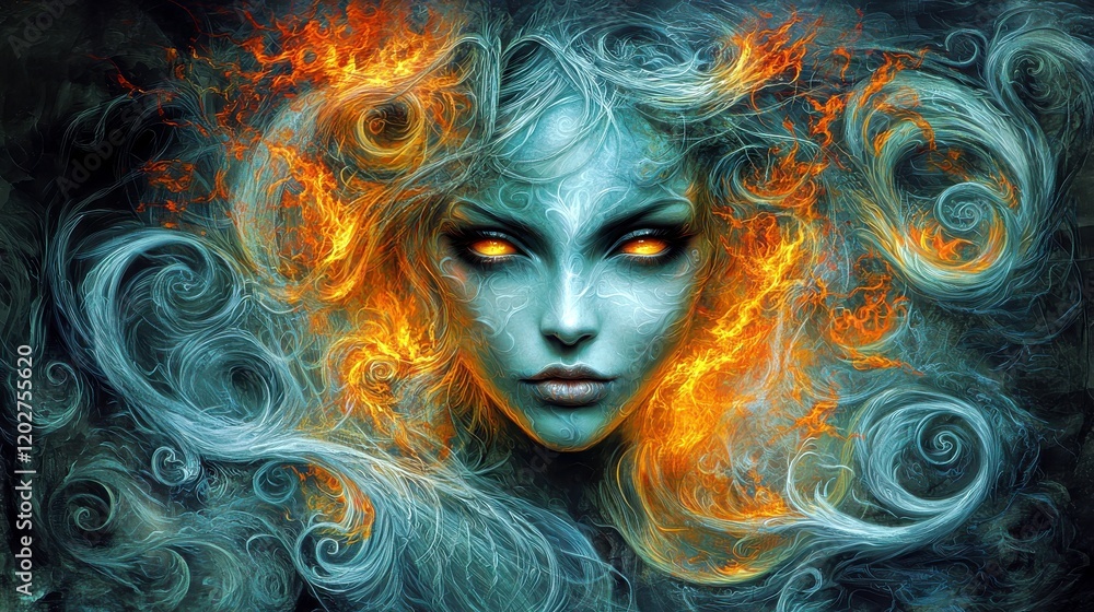 Fototapeta premium Enigmatic Woman with Ethereal Blue Features Surrounded by Fiery Flames and Swirling Smoke, Creating a Mystical and Captivating Atmosphere, Art Concept