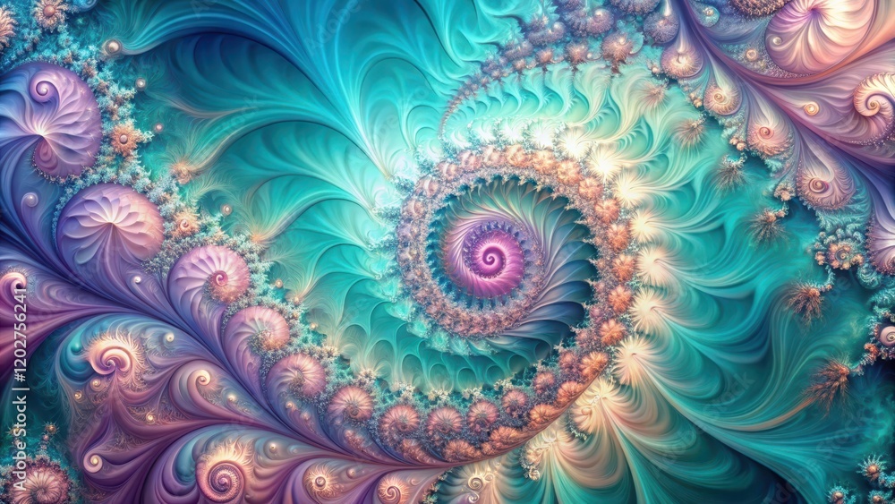Whimsical Spiral of Pastel and Teal Hues, a Psychedelic Fractal Design Featuring Intricate Curls and Swirls Whimsical Spiral of Pastel and Teal Hues, a Psychedelic Fractal Design Featuring Intricate Curls and Swirls