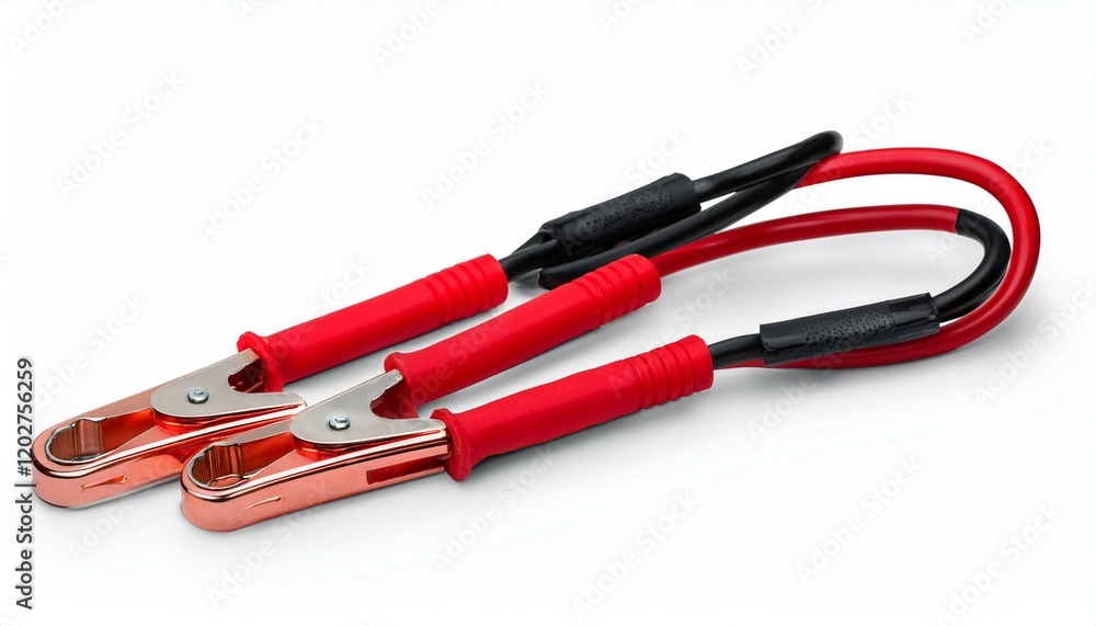 Close-up of red jumper cables on a white background. Close-up of red jumper cables on a white background.