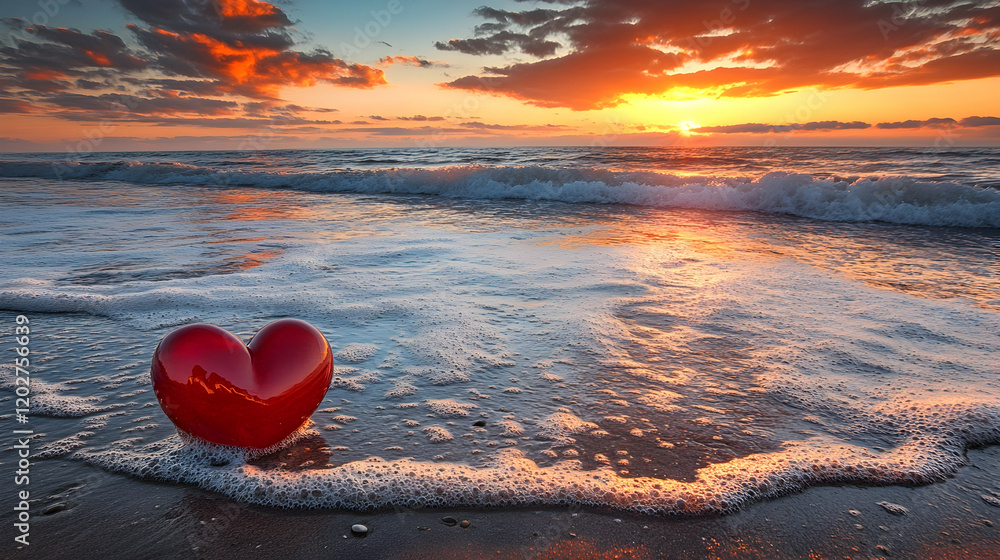 Fototapeta premium Romantic Sunset on the Beach with a Red Heart, ocean, waves, sea, love, romance