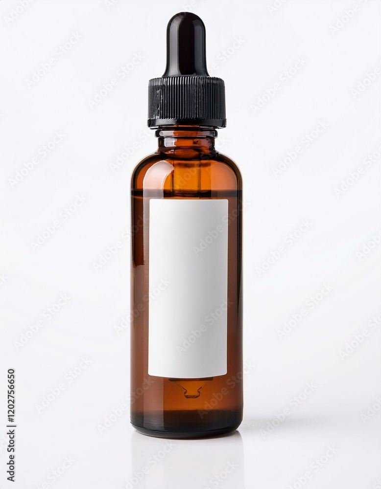 Amber glass bottle with dropper and blank label. Amber glass bottle with dropper and blank label.