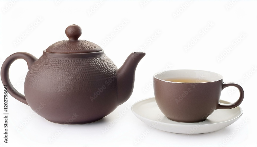 A dark brown teapot and teacup set against a white background. A dark brown teapot and teacup set against a white background.
