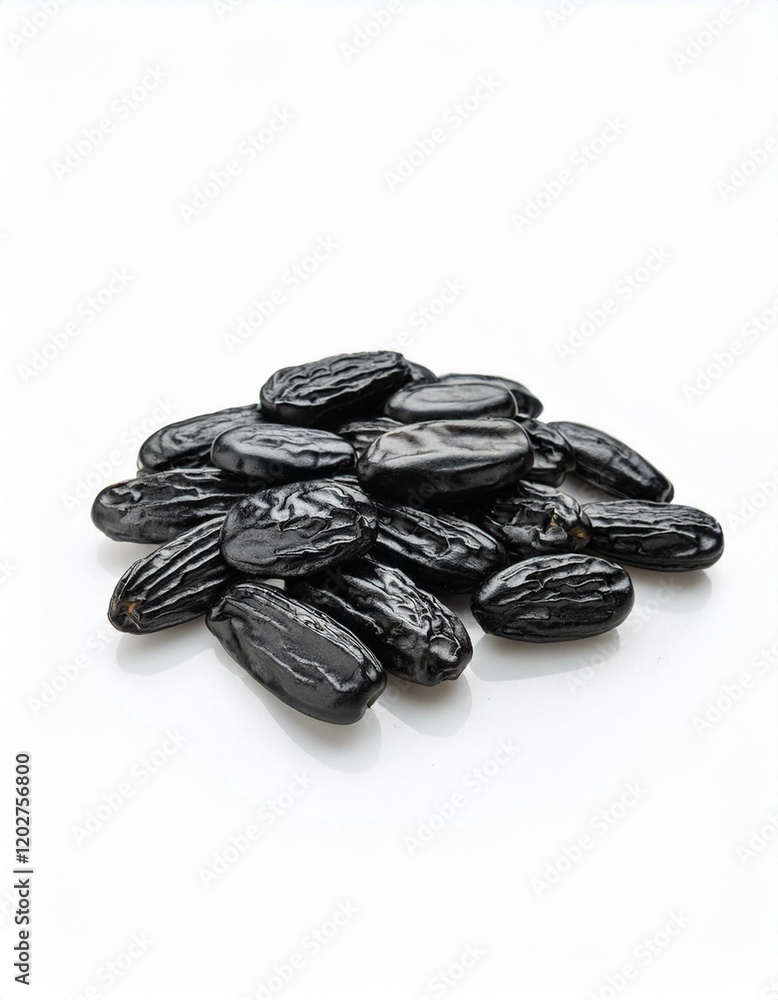 A pile of dark, glossy black seeds on a white background. A pile of dark, glossy black seeds on a white background.