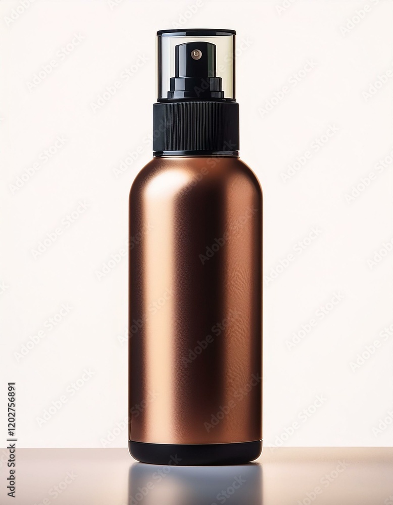 Copper-colored spray bottle with a black top. Copper-colored spray bottle with a black top.
