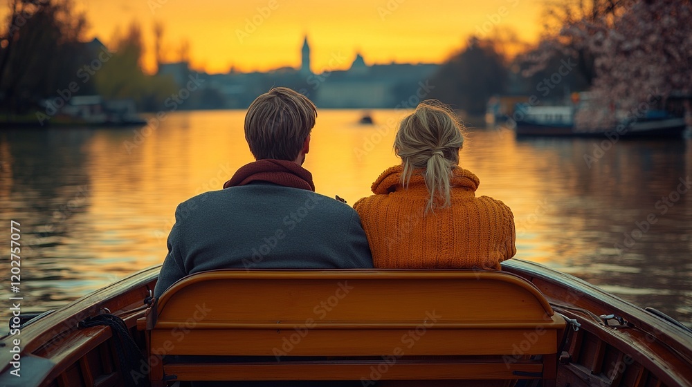 A couple enjoys a serene sunset view while sitting in a boat on a calm waterway. A couple enjoys a serene sunset view while sitting in a boat on a calm waterway.
