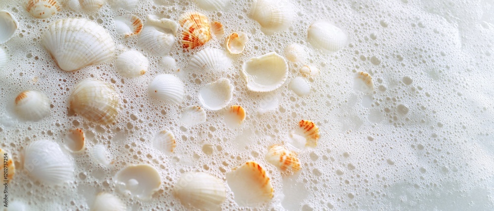 A medley of seashells nestled in bubbles stir an ethereal ballet on the ocean surface, illustrating the mysteries of marine life in delicate, intricate detail. A medley of seashells nestled in bubbles stir an ethereal ballet on the ocean surface, illustrating the mysteries of marine life in delicate, intricate detail.