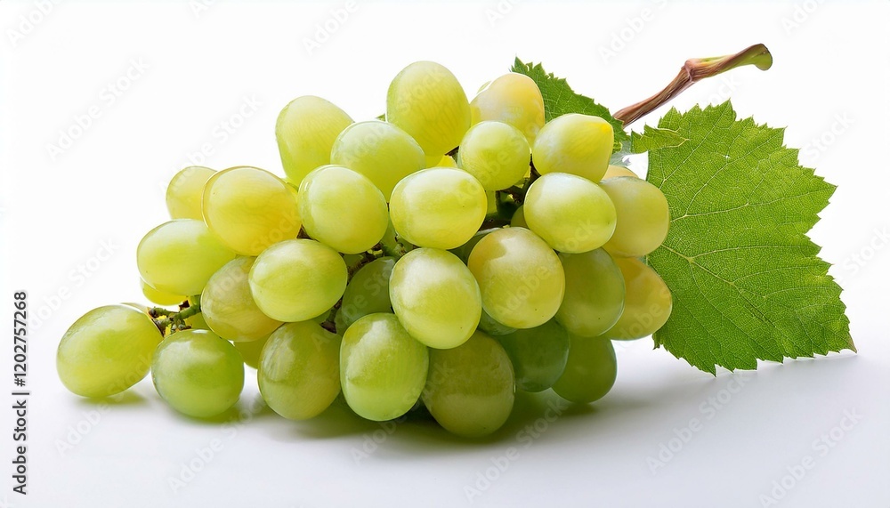 A bunch of fresh, green grapes with a leaf. A bunch of fresh, green grapes with a leaf.