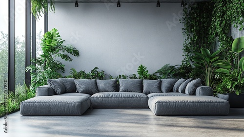 Modern living room with a spacious gray sofa and lush greenery.