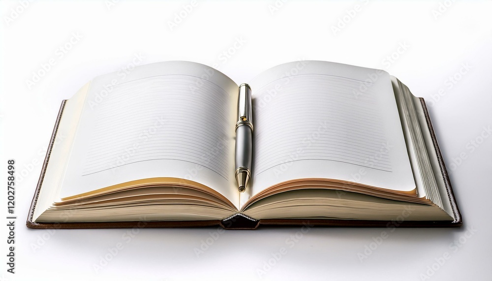 Open notebook with a pen in the middle, ready for writing. Open notebook with a pen in the middle, ready for writing.