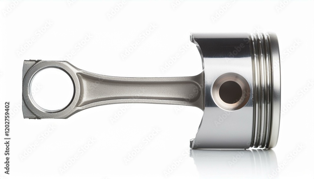 Close-up of a metallic connecting rod, gleaming against a stark white backdrop. Close-up of a metallic connecting rod, gleaming against a stark white backdrop.