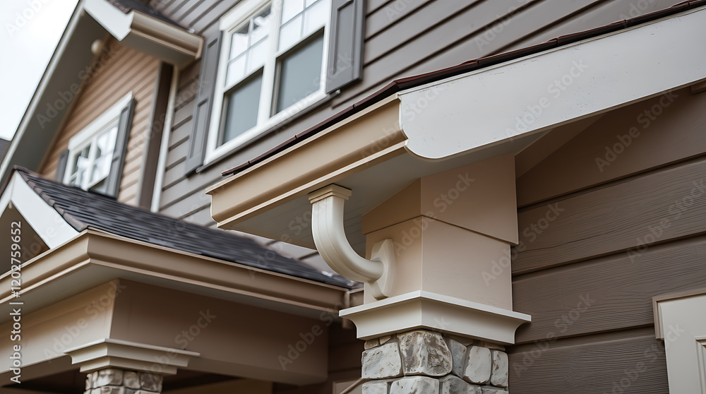 Obraz premium Modern House Exterior Design: Architectural Details of a Stunning Home. High-quality siding, stone accents, and elegant roofline create curb appeal.
