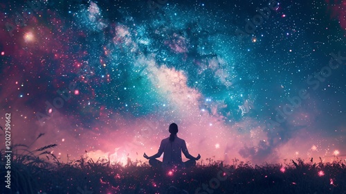 Bohemian-style meditation with spiritual balance, light, and energy fields under the Milky Way