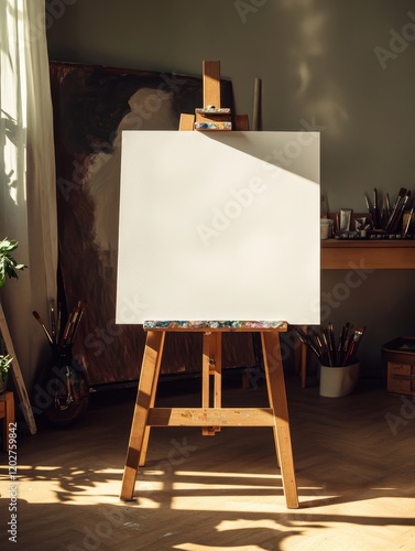 Artist's Studio Blank Canvas on Wooden Easel in Sunlight-Filled Room.