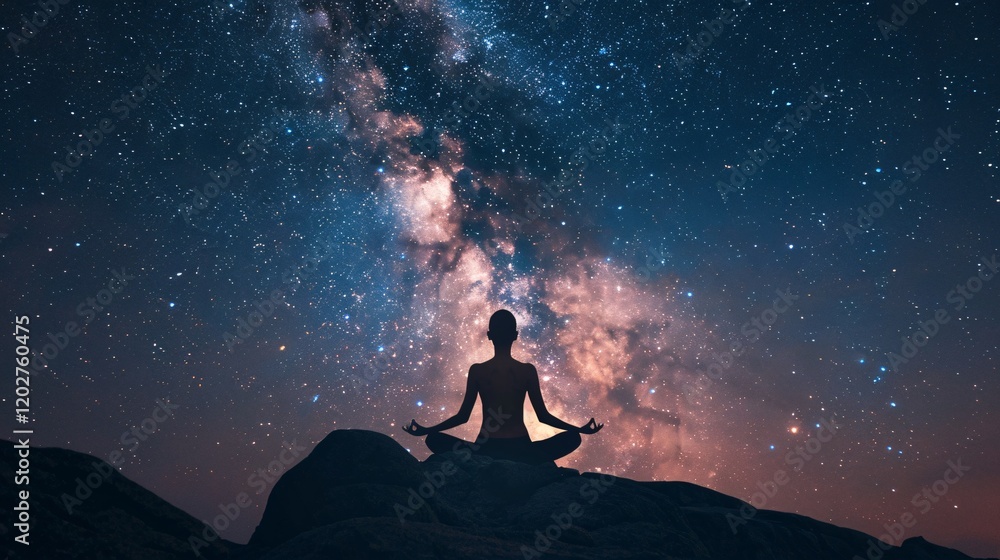 Light and balanced energy fields around a meditating figure under the Milky Way