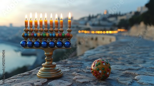 A menorah with lit candles beside a colorful dreidel at sunset. photo