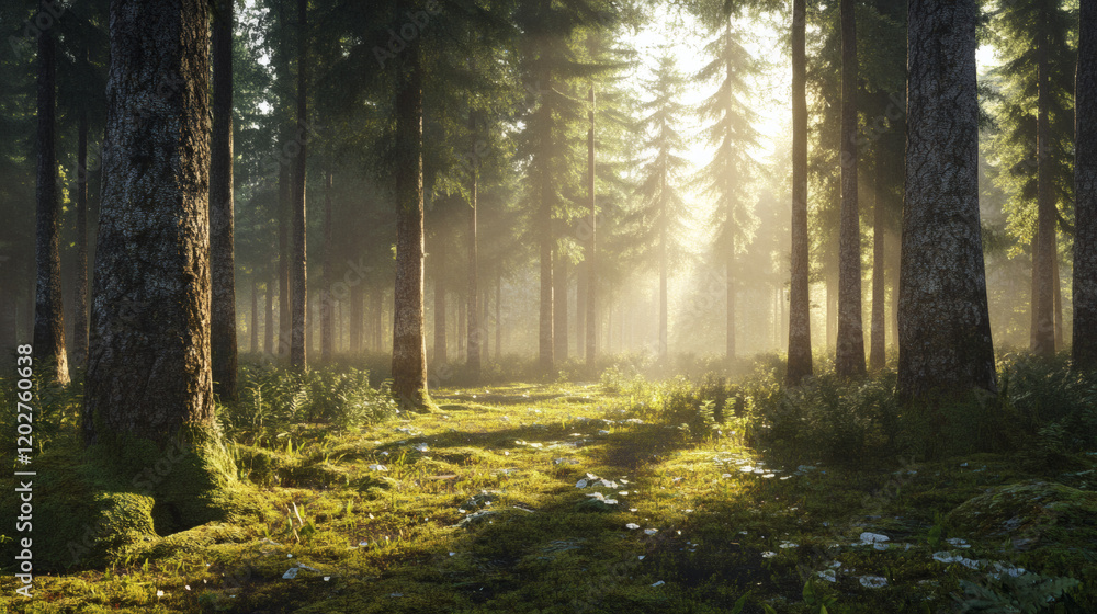 Fototapeta premium Serene Sunrise Illuminates Misty Forest Path with Tall Trees and Lush Green Underbrush in Tranquil Nature Scene 