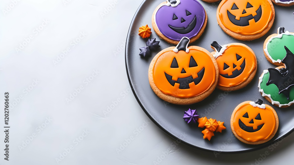 Fototapeta premium Halloween Pumpkin Sugar Cookies on a Plate, jack-o'-lantern, spooky, autumn, fall, dessert