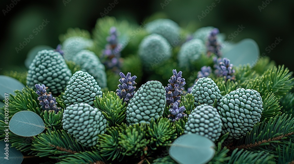 A close-up of pine cones and lavender among green foliage, showcasing nature's beauty. A close-up of pine cones and lavender among green foliage, showcasing nature's beauty.