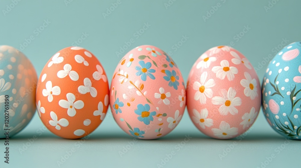 Fototapeta premium Colorful Floral Easter Eggs on a Soft Blue Background for Spring Celebrations