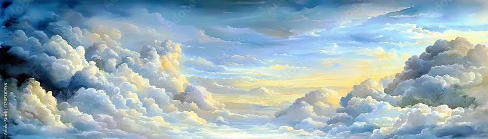 A Dramatic Sky Over Serene Landscape with Billowing Clouds in Vivid Colors at Sunrise, Perfect for Nature and Landscape Themes A Dramatic Sky Over Serene Landscape with Billowing Clouds in Vivid Colors at Sunrise, Perfect for Nature and Landscape Themes