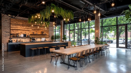 Modern cafe interior with long communal table, wood accents, and outdoor view