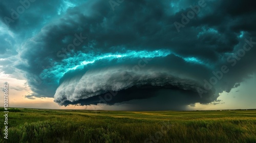 Dramatic storm weather, thunderous sky. Dark clouds, rainy days. Summer storms, dangerous winds. Blue landscapes, climate change. Cumulonimbus beauty, ominous atmosphere. Severe  photo