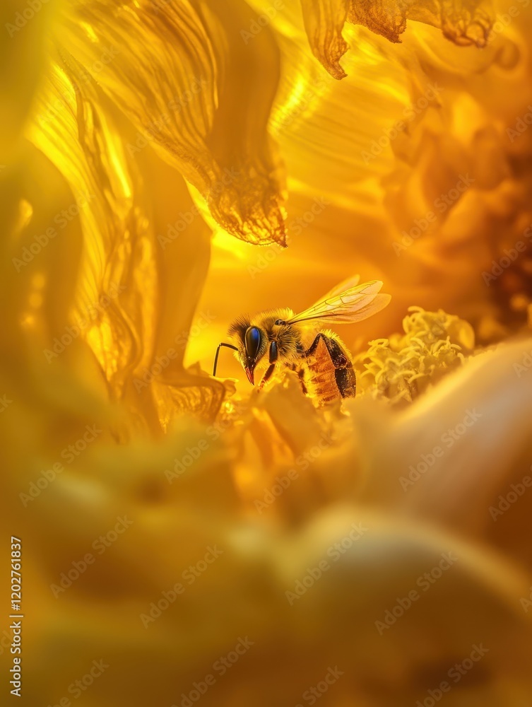 Fototapeta premium Honeybee Gathering Nectar in Golden Sunflower Petals, Macro Close-up.
