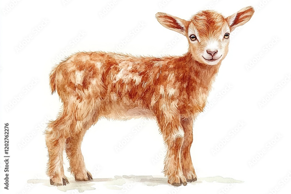 Fototapeta premium A cute, fluffy goat kid standing on a white background, showcasing its playful and innocent nature.