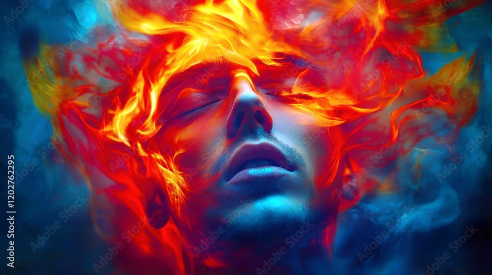 Fototapeta premium Abstract Portrait of a Man with Flames and Smoke Surrounding His Head, Expressing Emotions of Passion, Intensity, and Mystical Energy in Vibrant Colors