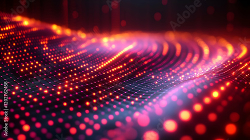 Abstract digital wave with glowing particles, dynamic energy flow, red and orange gradient, futuristic technology background