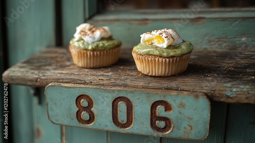 Two cupcakes with green frosting and a whipped topping on a rustic wooden surface.