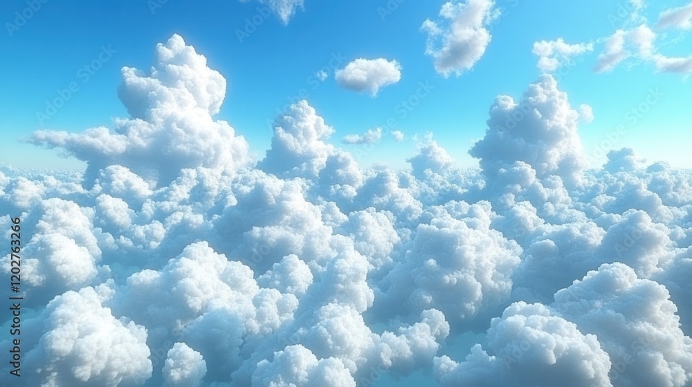 Aerial view of fluffy cumulus cloudscape under a blue sky. Aerial view of fluffy cumulus cloudscape under a blue sky.