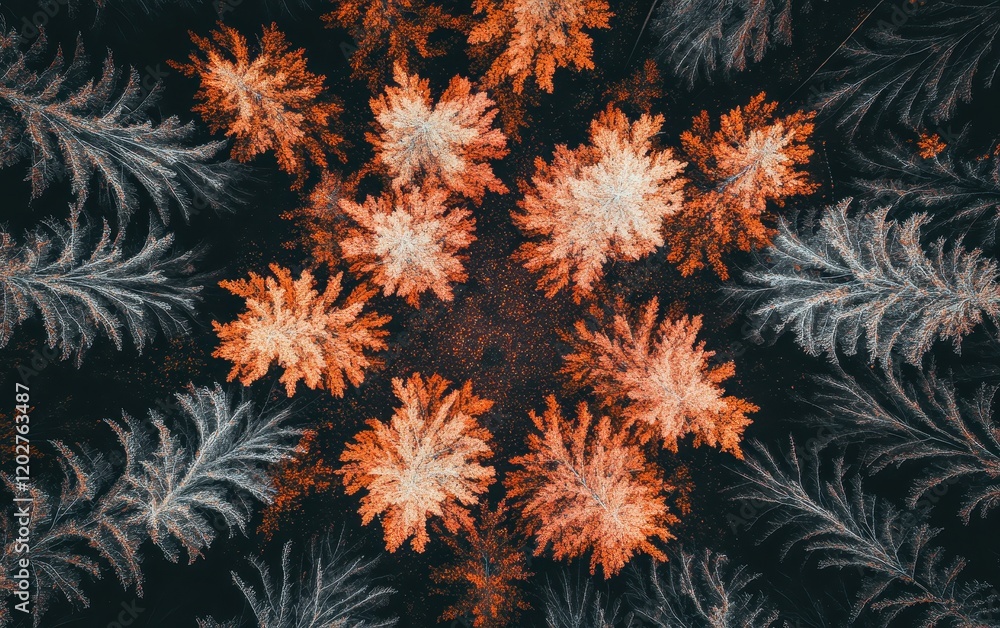 Aerial View of Autumnal Trees with Contrasting Orange and White Foliage on a Dark Background.