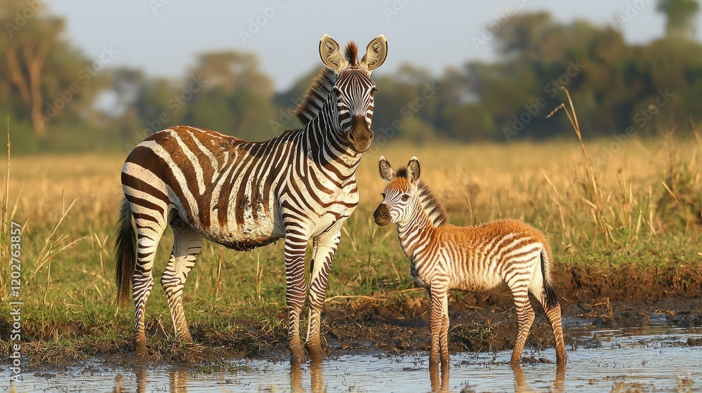 Obraz premium Mother Zebra and Foal at Watering Hole