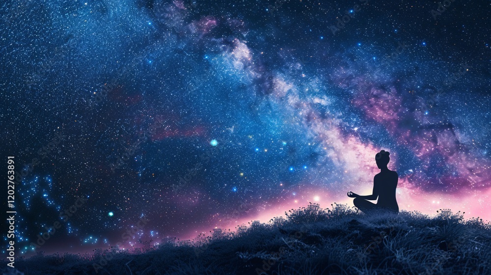 Light and balanced energy fields around a meditating figure with the Milky Way behind Light and balanced energy fields around a meditating figure with the Milky Way behind