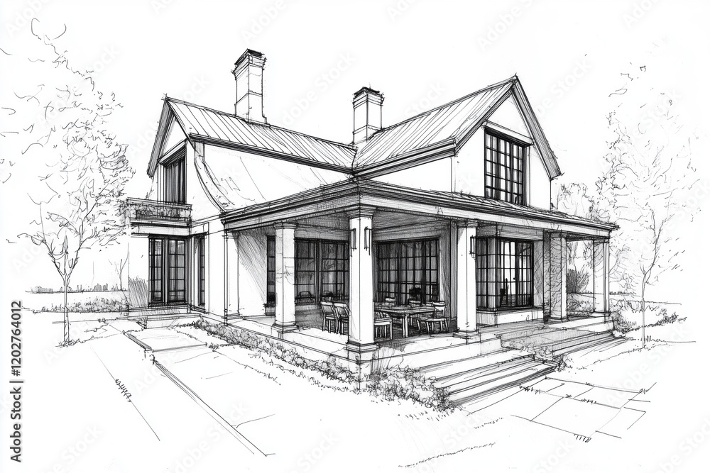 A detailed architectural sketch of a modern Country French house style featuring a large porch, multiple windows, and a sloped roof. The design includes outdoor seating and landscaped surroundings. A detailed architectural sketch of a modern Country French house style featuring a large porch, multiple windows, and a sloped roof. The design includes outdoor seating and landscaped surroundings.