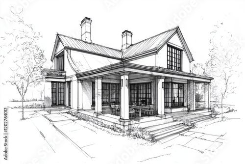 A detailed architectural sketch of a modern Country French house style featuring a large porch, multiple windows, and a sloped roof. The design includes outdoor seating and landscaped surroundings.