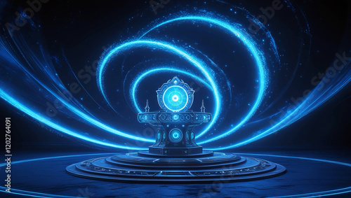Portal Light Effect: Bright Blue Swirl and Glowing Teleport Podium on Dark Background – Fantasy Game Magic Gate Design, Vector EPS 10